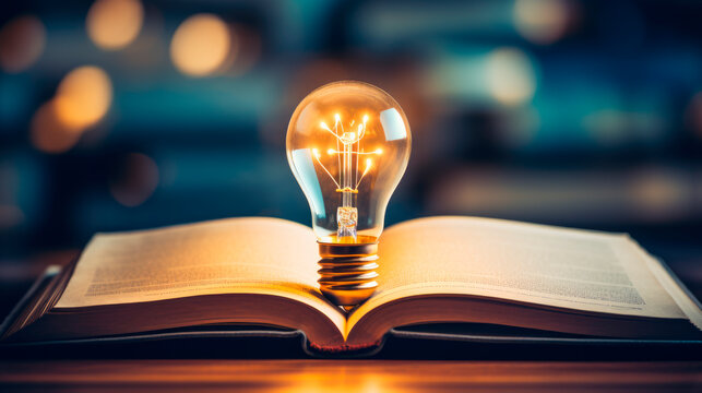 Light bulb and opened vintage book on dark background.