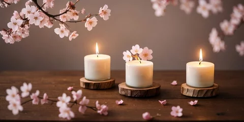 Deurstickers A group of candles with cherry blossoms on a wooden table against a blurred light background. © PNG&Background Image