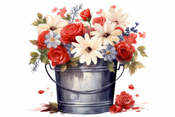 bouquet of flowers in a bucket on the white background