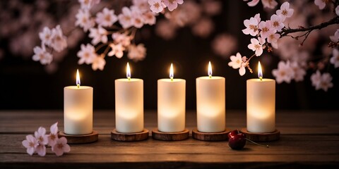 A group of candles with cherry blossoms on a wooden table against a blurred light background.