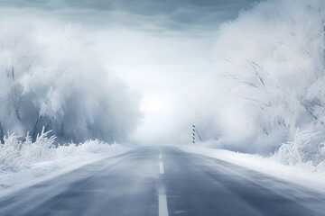 Foggy winter road in the forest. 