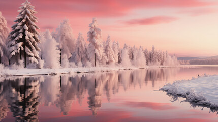 Fototapeta na wymiar peaceful pink and white winter landscape with snow-covered trees and a lake reflecting the beautiful sunset sky