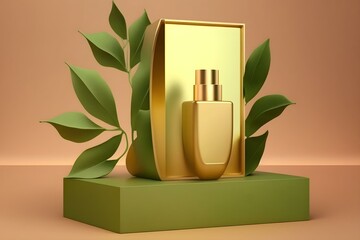a bottle of perfume on pedestal is surrounded by green leaves