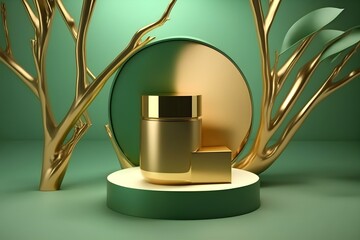 a cosmetic bottle sits on a green podium surrounded by gold trees