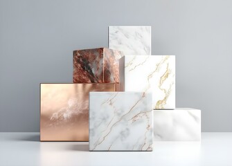 marble and copper cubes are stacked on top of each other on grey background
