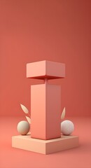 a peach cube sits on top of a beige podium with empty space above it