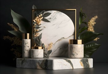 a marble display with cosmetic bottles and leaves behind them
