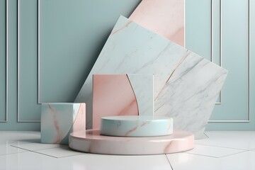 a marble display with a round podium in the middle and geometric blocks behind it