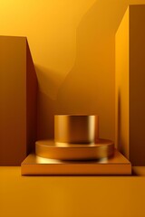 a gold podium is surrounded by boxes on a yellow background