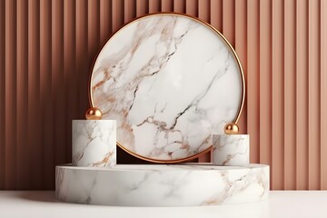 a white marble podium with two round promotion columns on it and a plate in the background