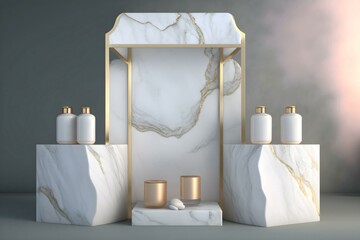 presentation of bottles and candles on grey marble blocks with golden lines