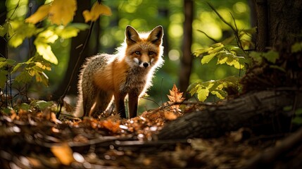 Naklejka na ściany i meble A curious fox in a dense forest