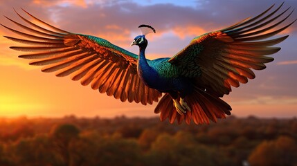 A peacock in flight, soaring against a backdrop of a golden sunset sky