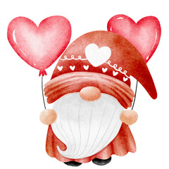 A gnome holding two heart-shaped balloons