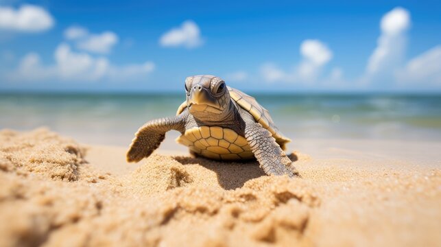 A playful baby turtle making its way across a sandy beach