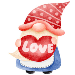 A gnome holds a red heart in its hands.