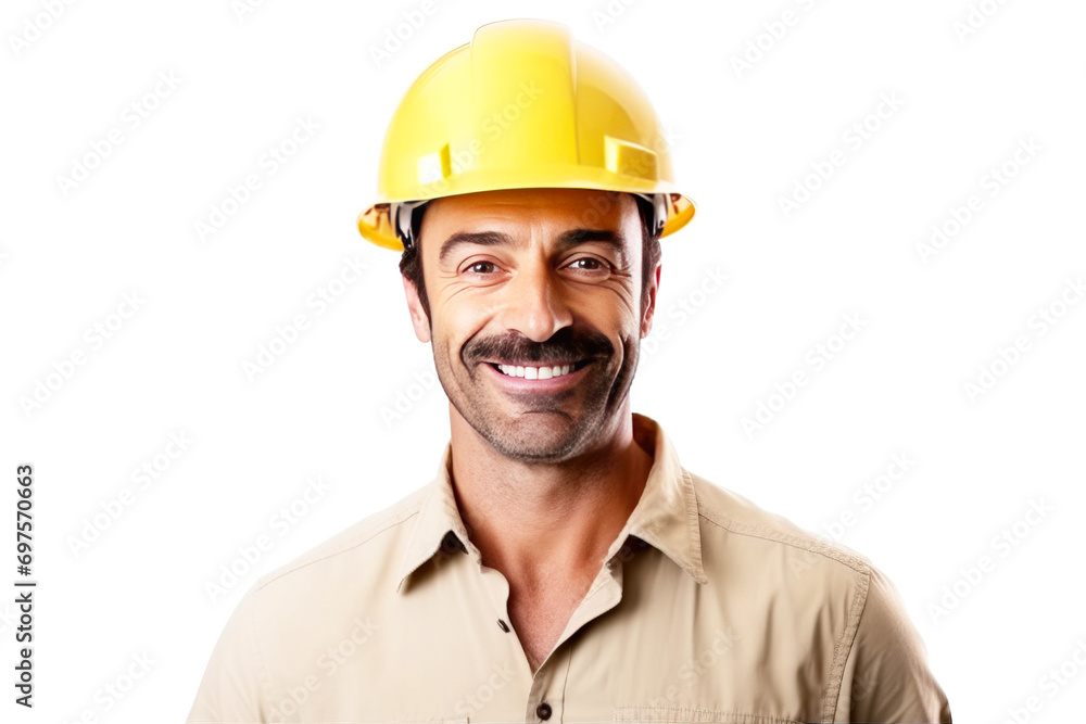 Wall mural Smiling male professional constructor with a tool in a service uniform, white background isolate.