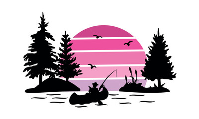 fisherman in a boat and pink sun vector silhouette