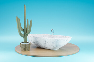 cozy bathbutb with cactus on wooden podest on infinite background; 3D Illustration