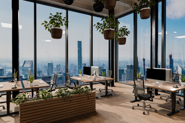 large modern contemporary office with pc workspaces and indoor plants vertical garden; panoramic view rural landscape; sustainability work environment; 3D rendering