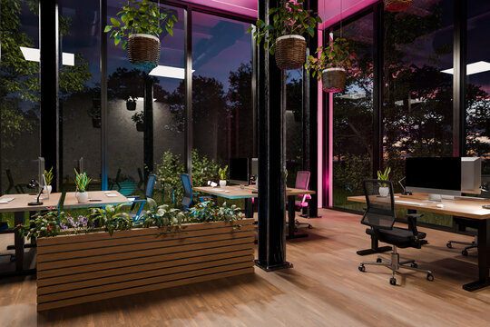 large modern contemporary office with pc workspaces and indoor plants vertical garden; panoramic view rural landscape; sustainability work environment; 3D rendering