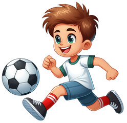 Cute cartoon boy joyfully playing with a football. Adorable character, happy expression, isolated on white, generative AI