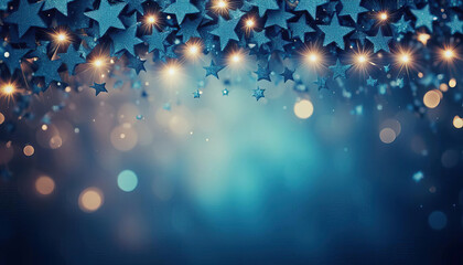 Blue confetti stars with sparkels and bokeh on a blue background with copy space