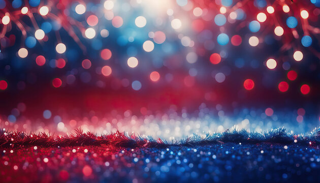 Background with glitter, sparkle and bokeh lights in red blue and white with copy space