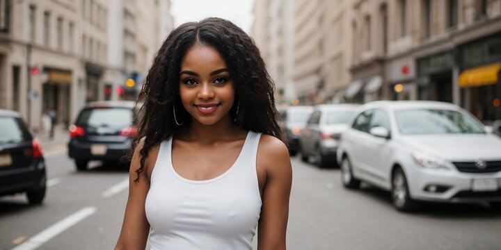 Beautiful stylish black woman smiling and walking on the street with copy space.