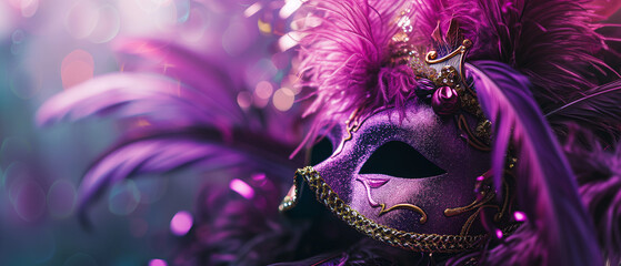 Purple Mardi Gras mask with feathers. Generative AI