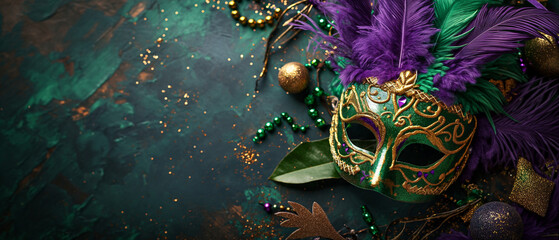Mardi Gras banner with carnival mask with feathers. Generative AI