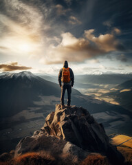 Hiker in mountain landscape enjoys sunrise