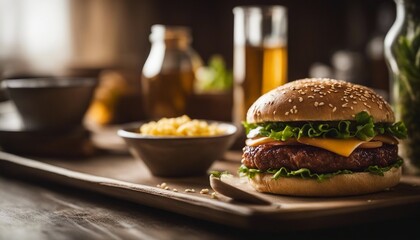 Classic Cheeseburger with Sesame Bun and Side of Fries - obrazy, fototapety, plakaty