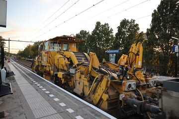 Rail construction train along platform of station Nieuwerkerk aan den Ijssel
