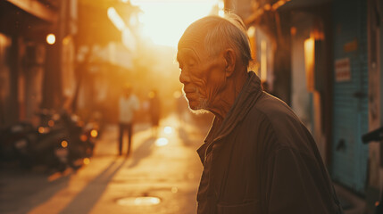 Obraz premium old man in the street in golden light