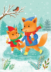 Mom and baby fox skate on a frozen lake and eat ice cream
