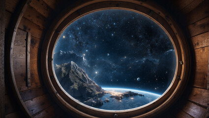 a view of space through a porthole