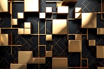 Glossy, modern wall backdrop featuring tiles. Geometric, dark blocks forming an arabesque pattern. 3D illustration. Generative AI