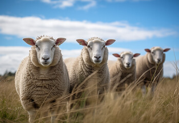 Obraz na płótnie Canvas Gentle Gaze: A Flock of Sheep Amidst Golden Fields