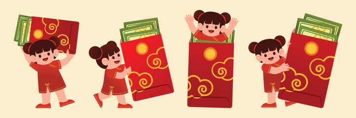 Smiling Kid Character Celebrates Chinese New Year with a Large Red Envelope Full of Money in a Festive Cultural Tradition, Vector, Illustration