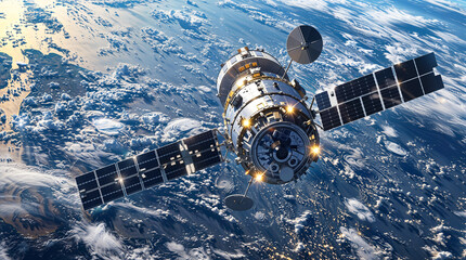 Satellite in orbit around the planet Earth, solar panels and space engineering, data transmission concept hd