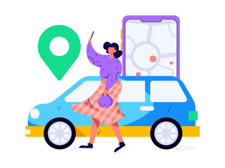 Flat vector concept operation hand drawn illustration of people taking a taxi
