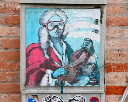 VENICE, ITALY - JANUARY 29, 2020: Street art by Blub. Reinterpretation of an anonymous Baroque portrait believed to be of the composer Antonio Vivaldi. Blub is an anonymous street artist from Florence