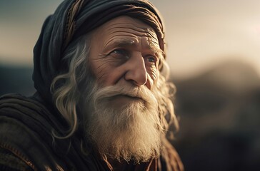 Epic old prophet. Elder and intelligence senior with white beard and ancient cloth. Generate AI