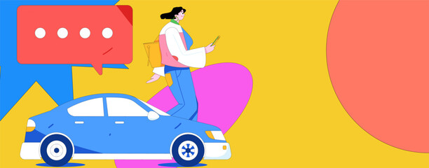 Flat vector concept operation hand drawn illustration of people taking a taxi
