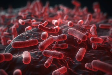 Red colored multiple antibiotic resistant Pseudomonas aeruginosa bacterium - 3d illustration. Generative AI - obrazy, fototapety, plakaty