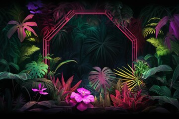 Tropical foliage lit by vibrant fluorescent glow. Jungle setting encased in hexagonal neon frame. Generative AI