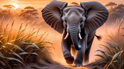 World Wildlife Day, Elephant Baby Running Between The Tall Grass Of African Jungle during Sunset - obrazy, fototapety, plakaty