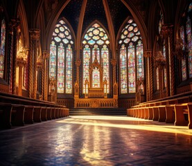 A church with a large stained glass window. Generative AI.