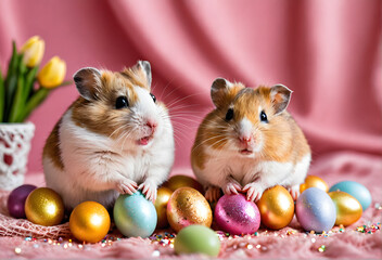easter hamster and easter  eggs